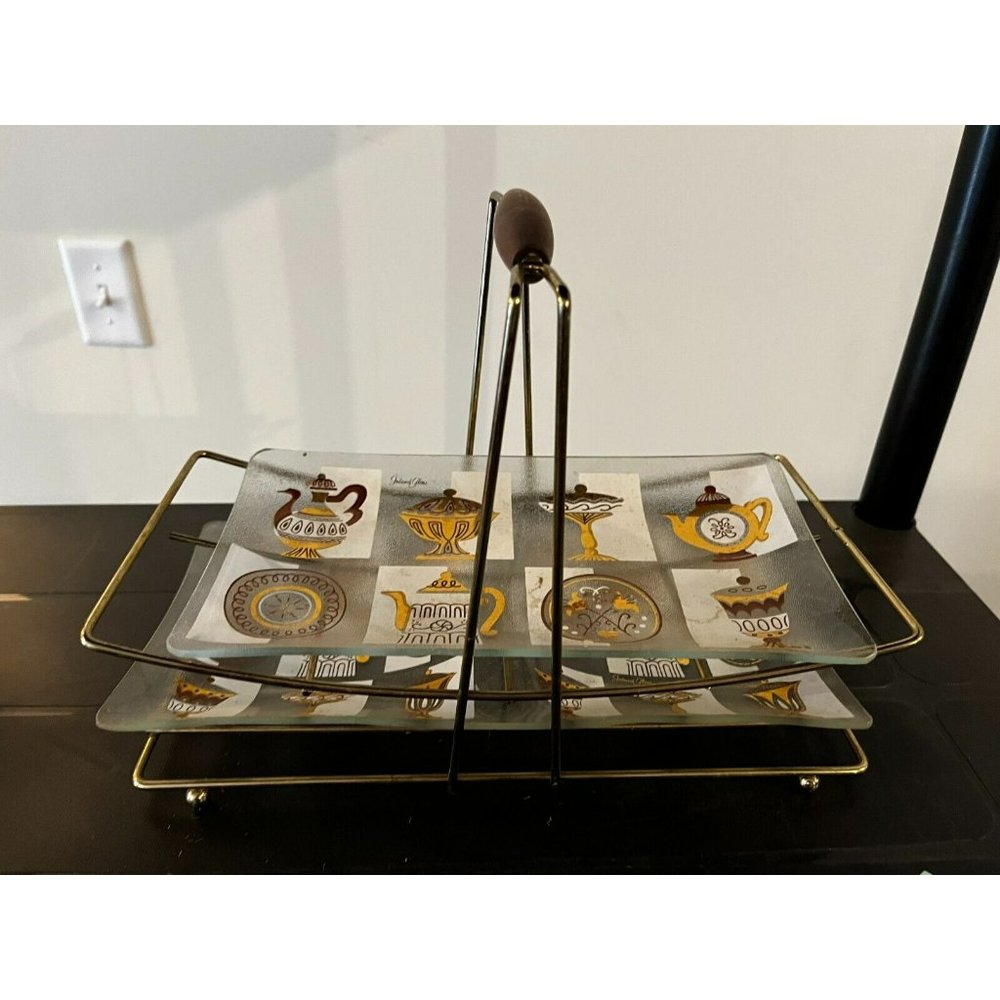 Vintage MCM Inland Glass gold graphic glass tray set coffee & tea pots w base